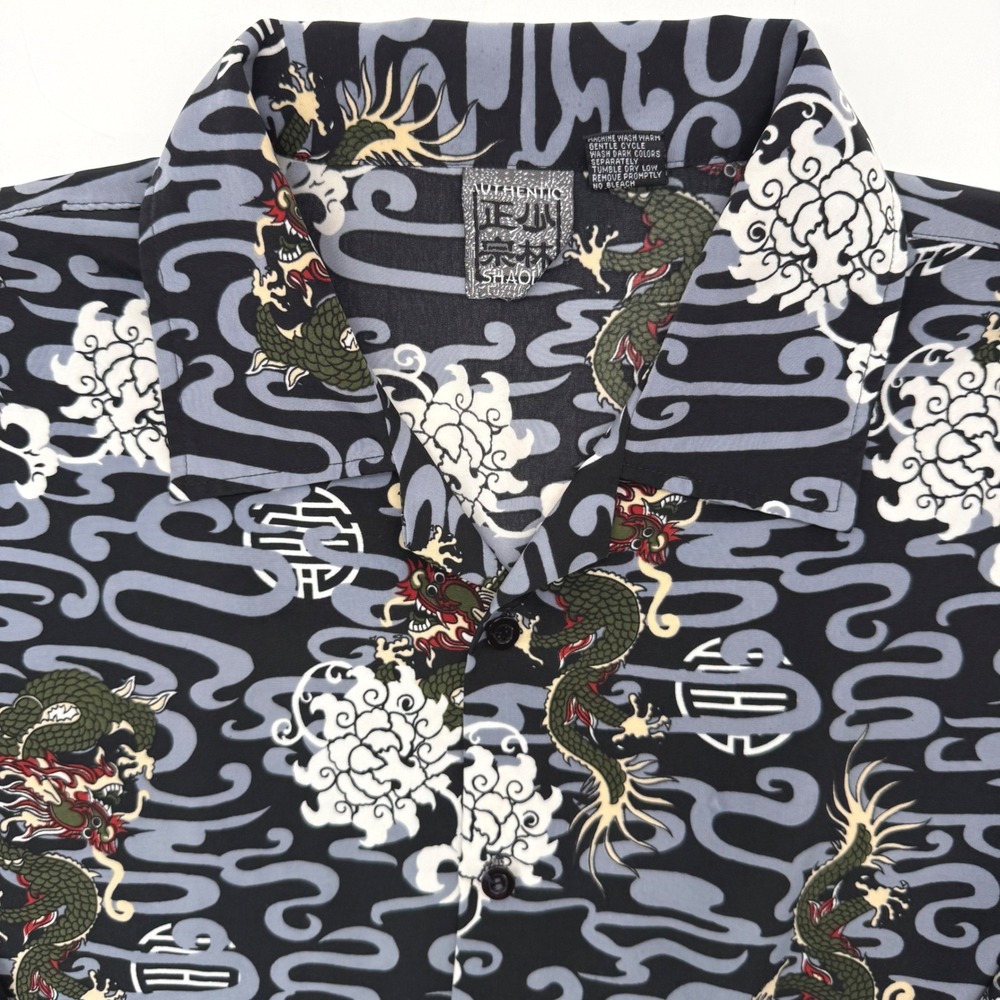 Authentic Shaolin Shirt Mens XXL Black Dragon Cloud Graphic Print Button Down